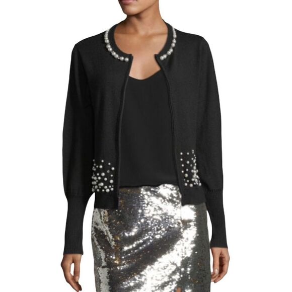 Nanette Lepore Carnival Pearl & Rhinestone Embellished Black Wool Cardigan US S - Picture 2 of 14